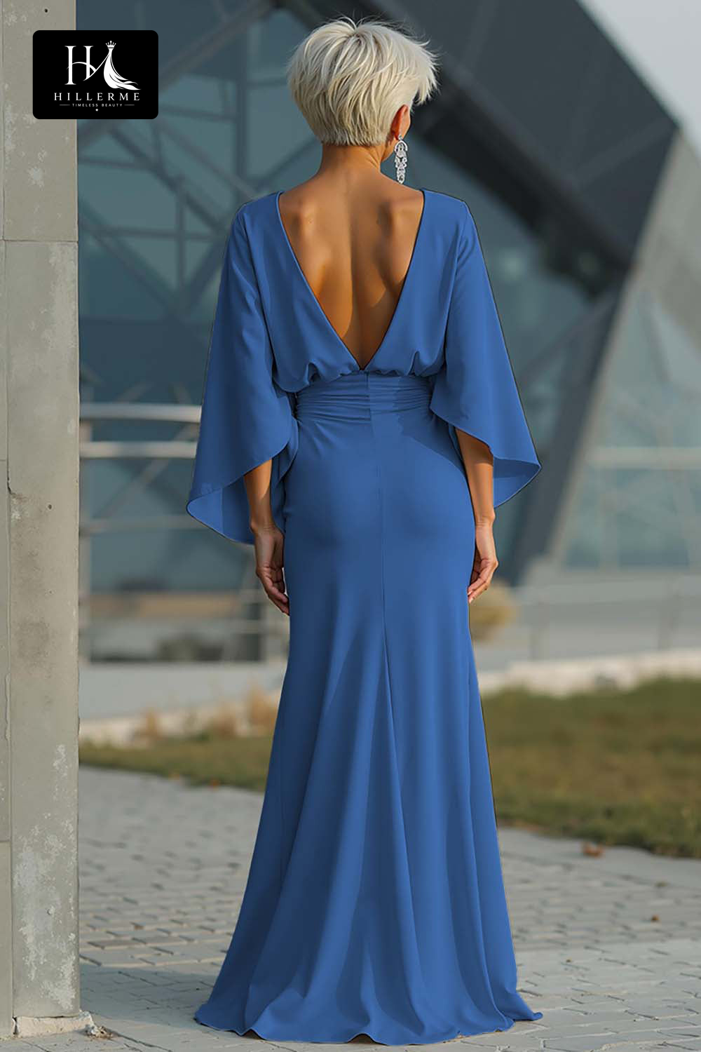 Satin Pleated Mermaid Mother of the Bride Dress with Scoop Neck and Half Sleeves