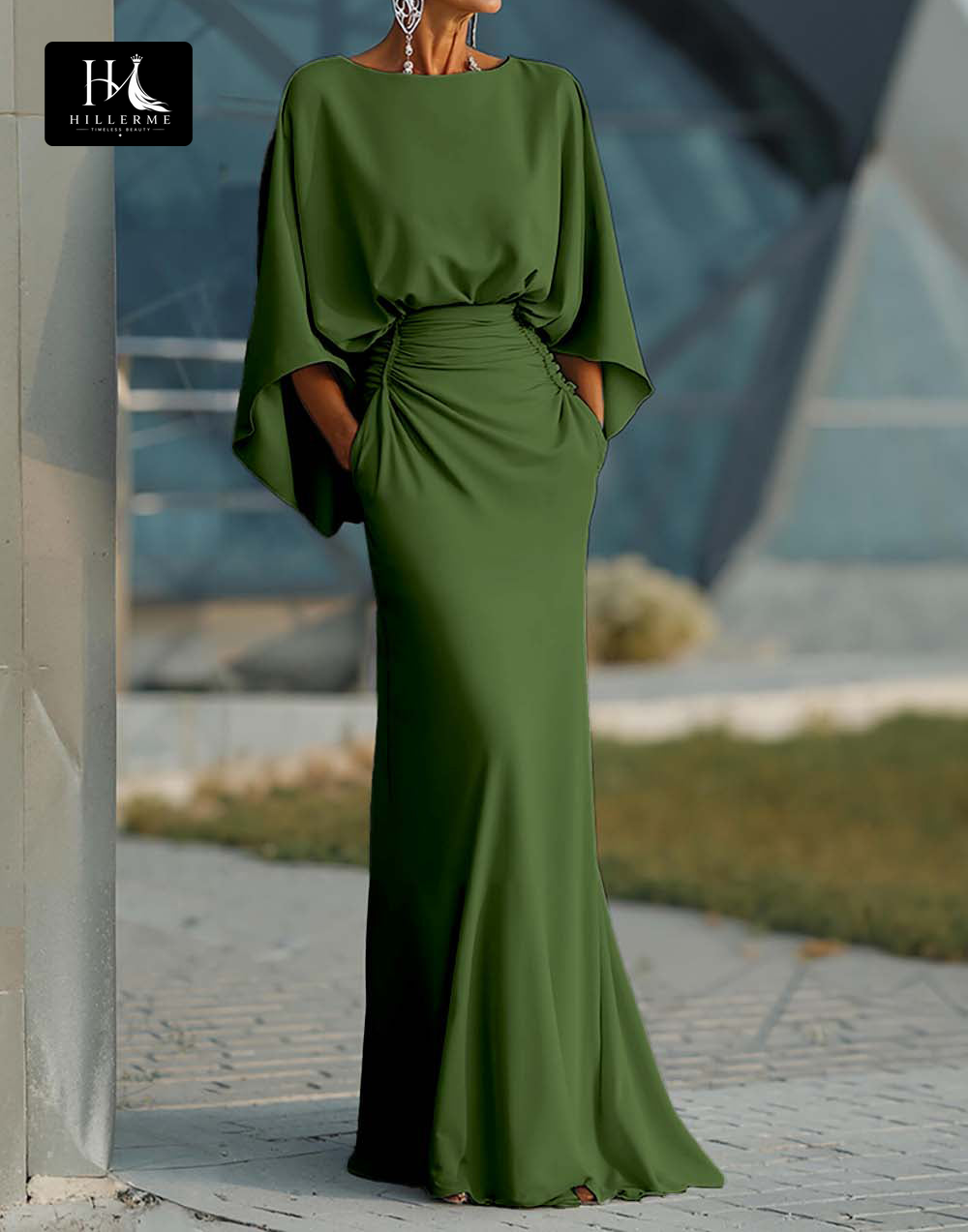 Satin Pleated Mermaid Mother of the Bride Dress with Scoop Neck and Half Sleeves