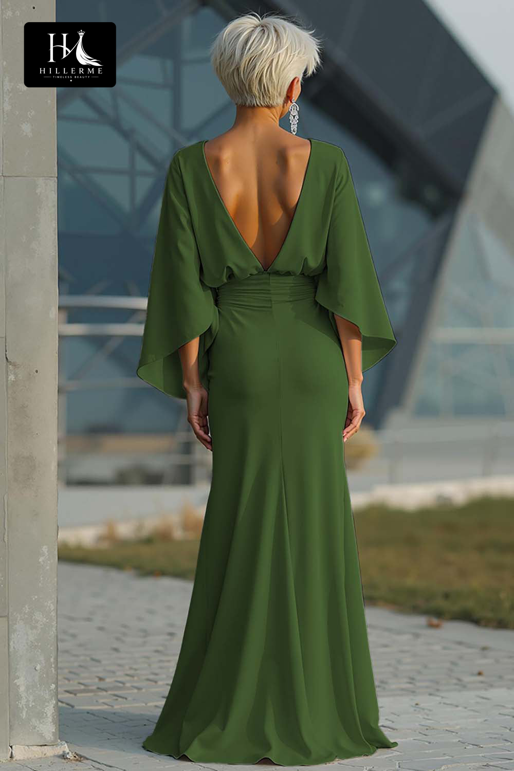 Satin Pleated Mermaid Mother of the Bride Dress with Scoop Neck and Half Sleeves
