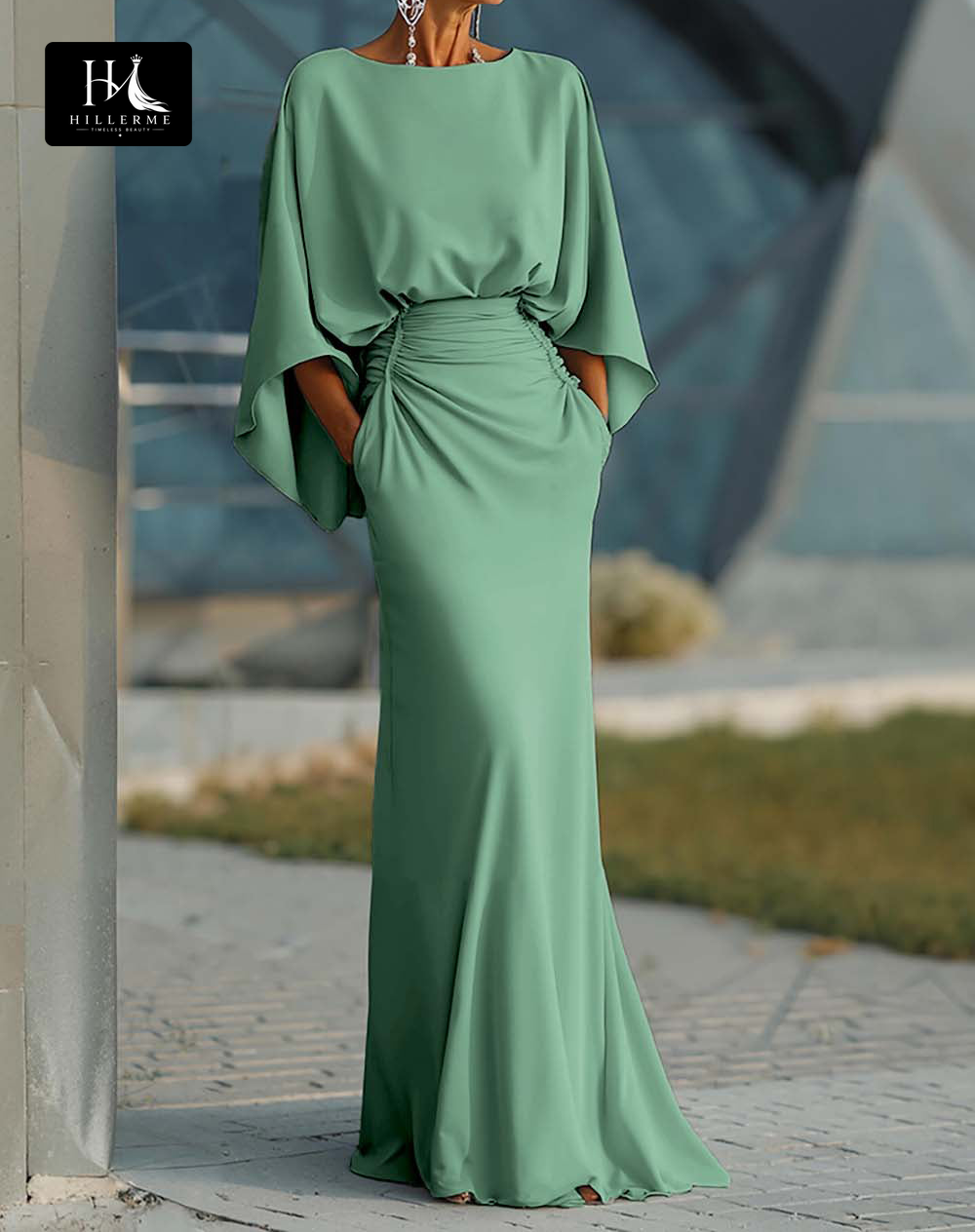 Satin Pleated Mermaid Mother of the Bride Dress with Scoop Neck and Half Sleeves