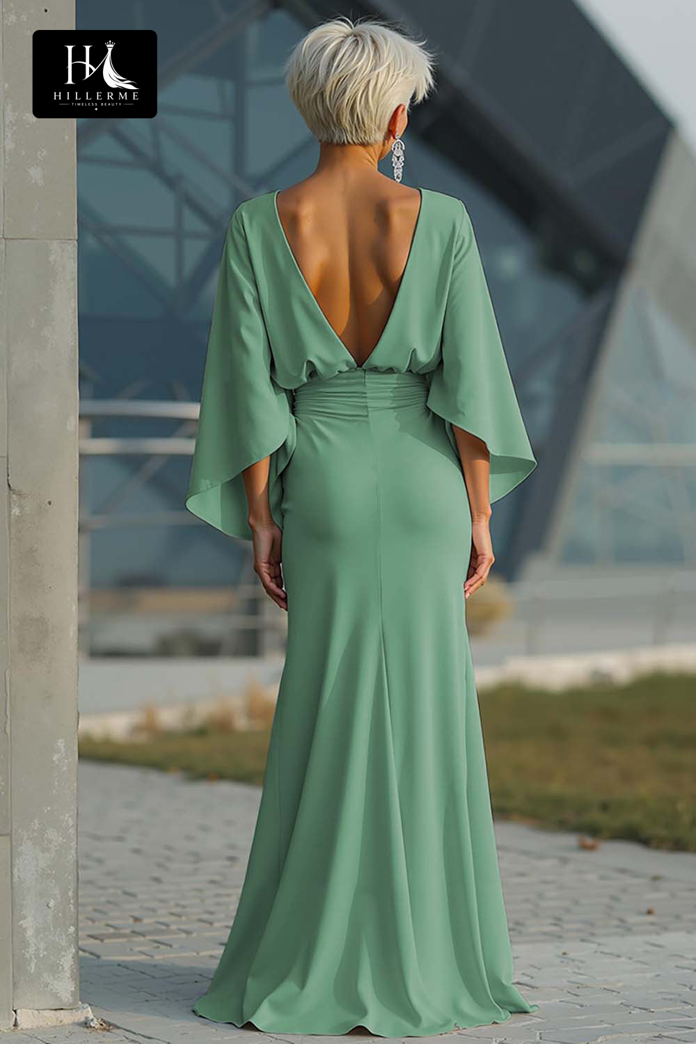 Satin Pleated Mermaid Mother of the Bride Dress with Scoop Neck and Half Sleeves