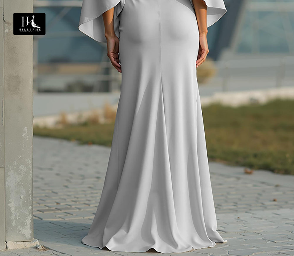 Satin Pleated Mermaid Mother of the Bride Dress with Scoop Neck and Half Sleeves