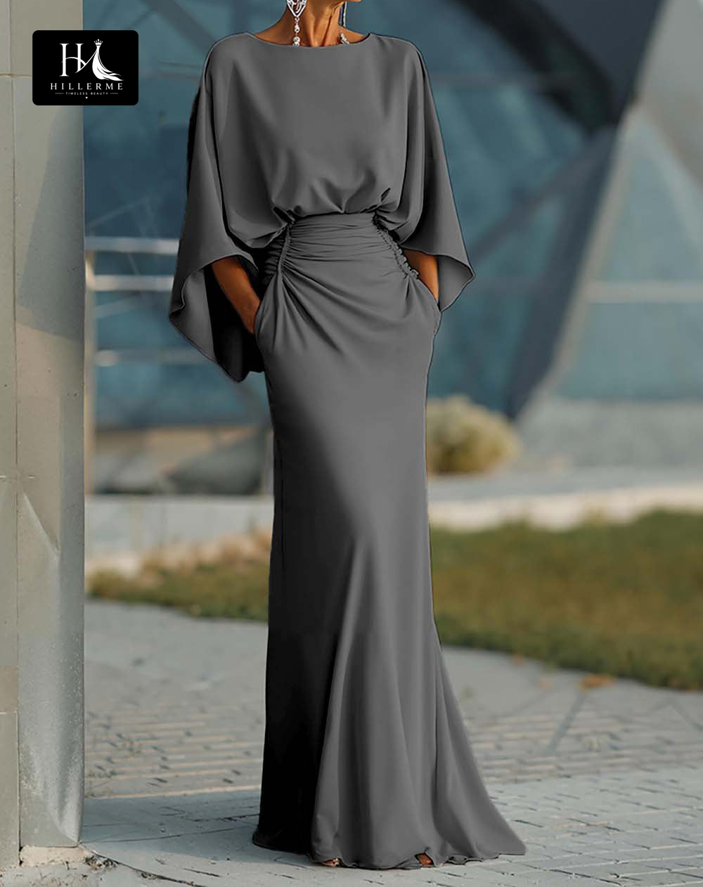 Satin Pleated Mermaid Mother of the Bride Dress with Scoop Neck and Half Sleeves