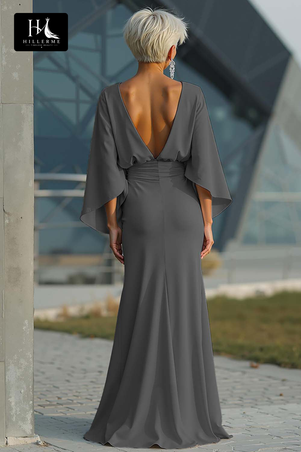 Satin Pleated Mermaid Mother of the Bride Dress with Scoop Neck and Half Sleeves