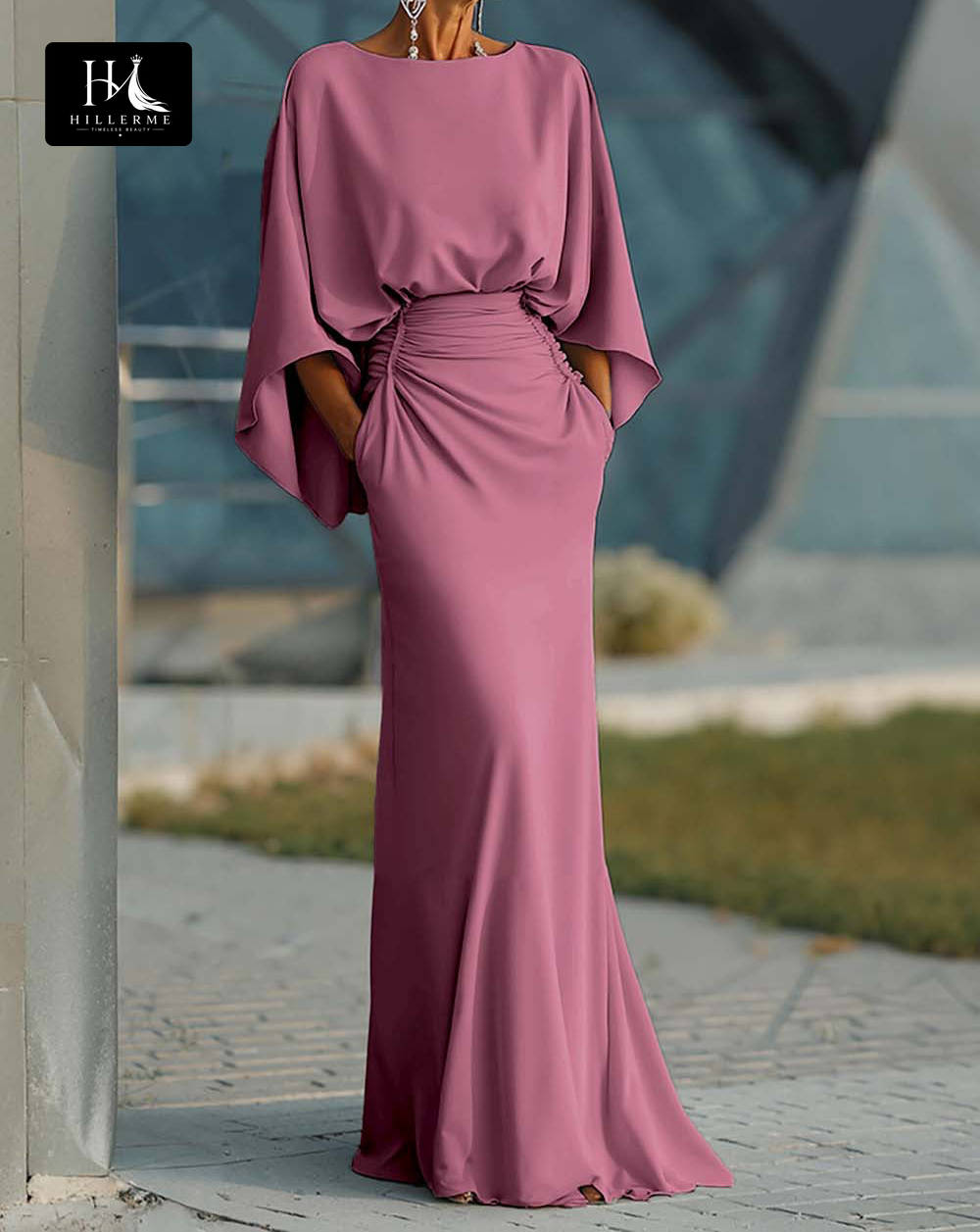 Satin Pleated Mermaid Mother of the Bride Dress with Scoop Neck and Half Sleeves