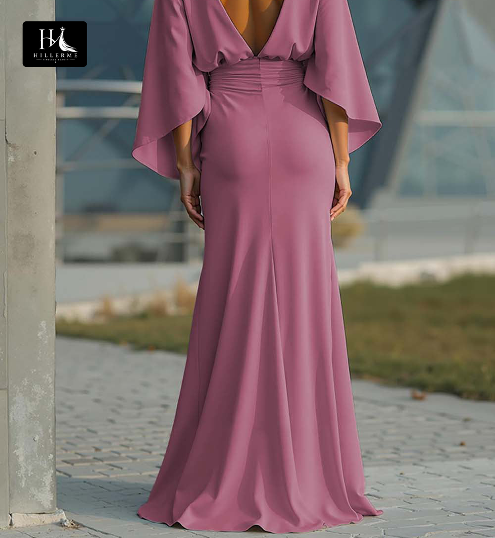 Satin Pleated Mermaid Mother of the Bride Dress with Scoop Neck and Half Sleeves