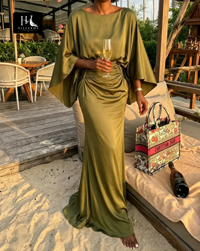Satin Pleated Mermaid Mother of the Bride Dress with Scoop Neck and Half Sleeves