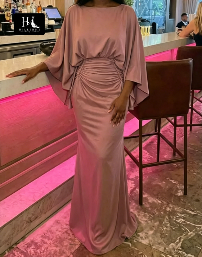 Satin Pleated Mermaid Mother of the Bride Dress with Scoop Neck and Half Sleeves