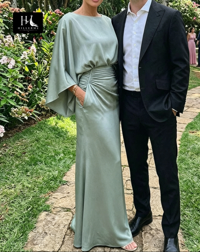 Satin Pleated Mermaid Mother of the Bride Dress with Scoop Neck and Half Sleeves