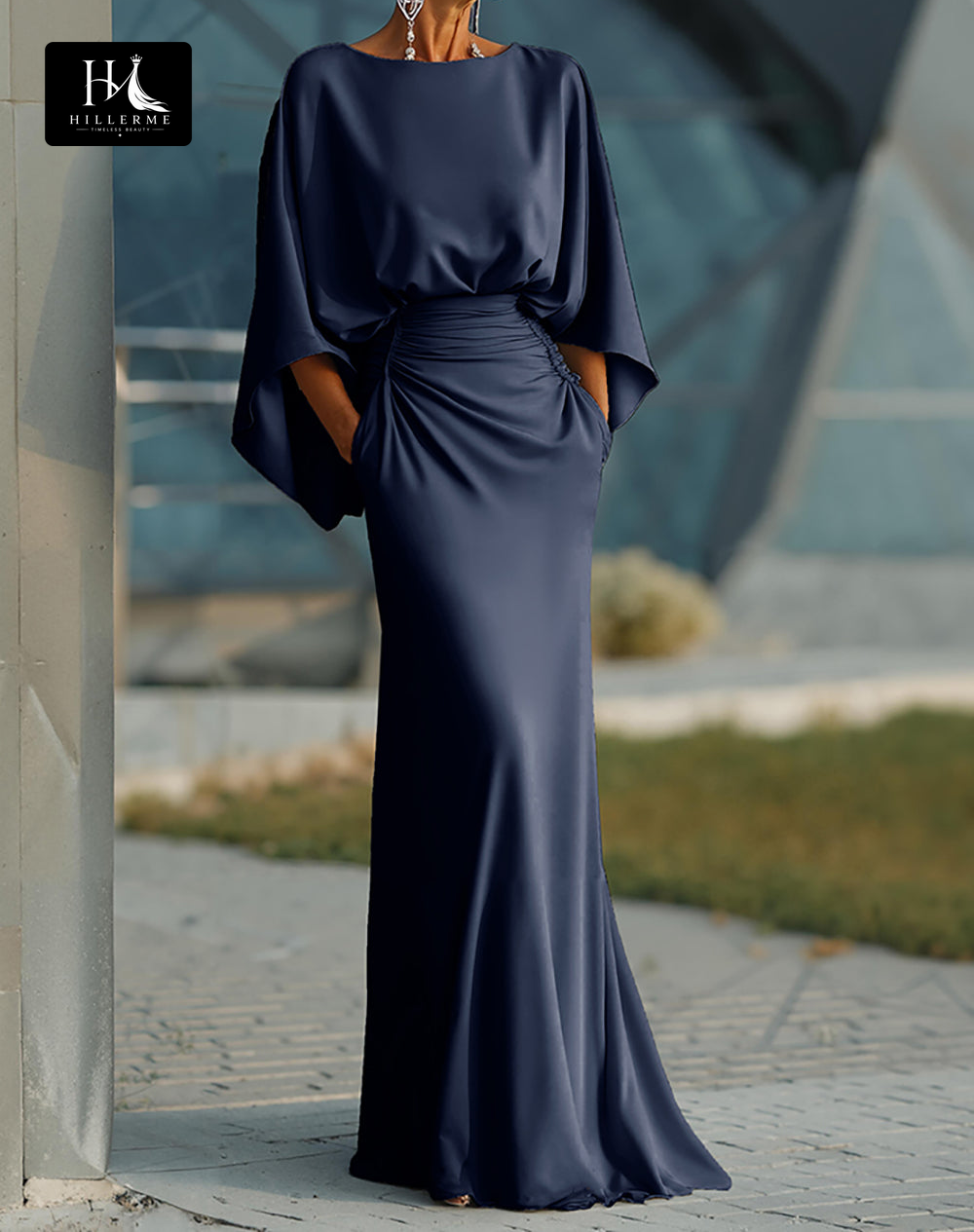 Satin Pleated Mermaid Mother of the Bride Dress with Scoop Neck and Half Sleeves
