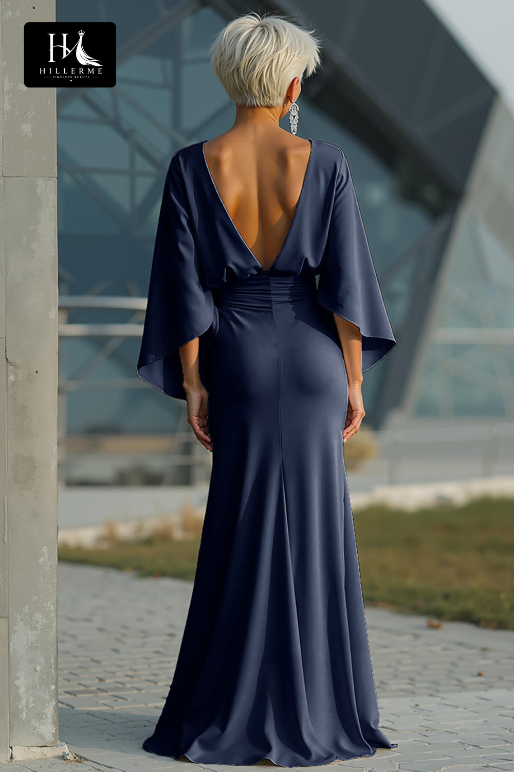 Satin Pleated Mermaid Mother of the Bride Dress with Scoop Neck and Half Sleeves