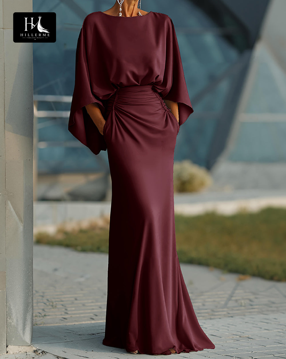Satin Pleated Mermaid Mother of the Bride Dress with Scoop Neck and Half Sleeves