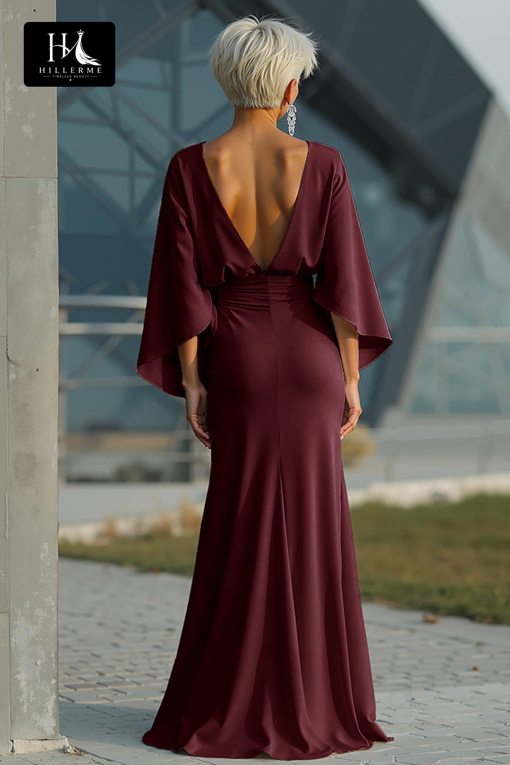 Satin Pleated Mermaid Mother of the Bride Dress with Scoop Neck and Half Sleeves