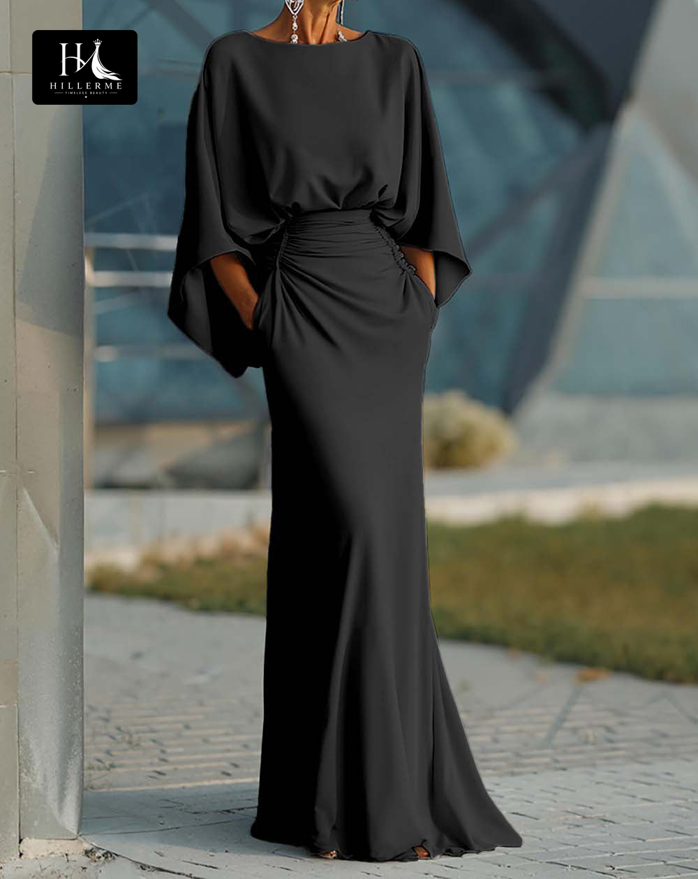 Satin Pleated Mermaid Mother of the Bride Dress with Scoop Neck and Half Sleeves