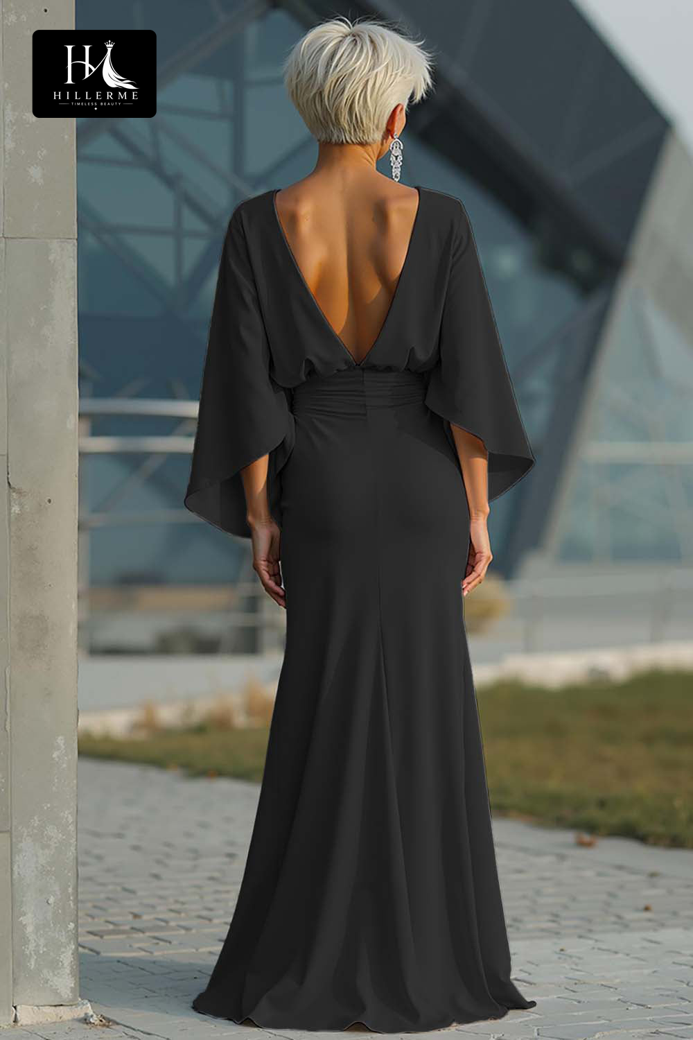 Satin Pleated Mermaid Mother of the Bride Dress with Scoop Neck and Half Sleeves