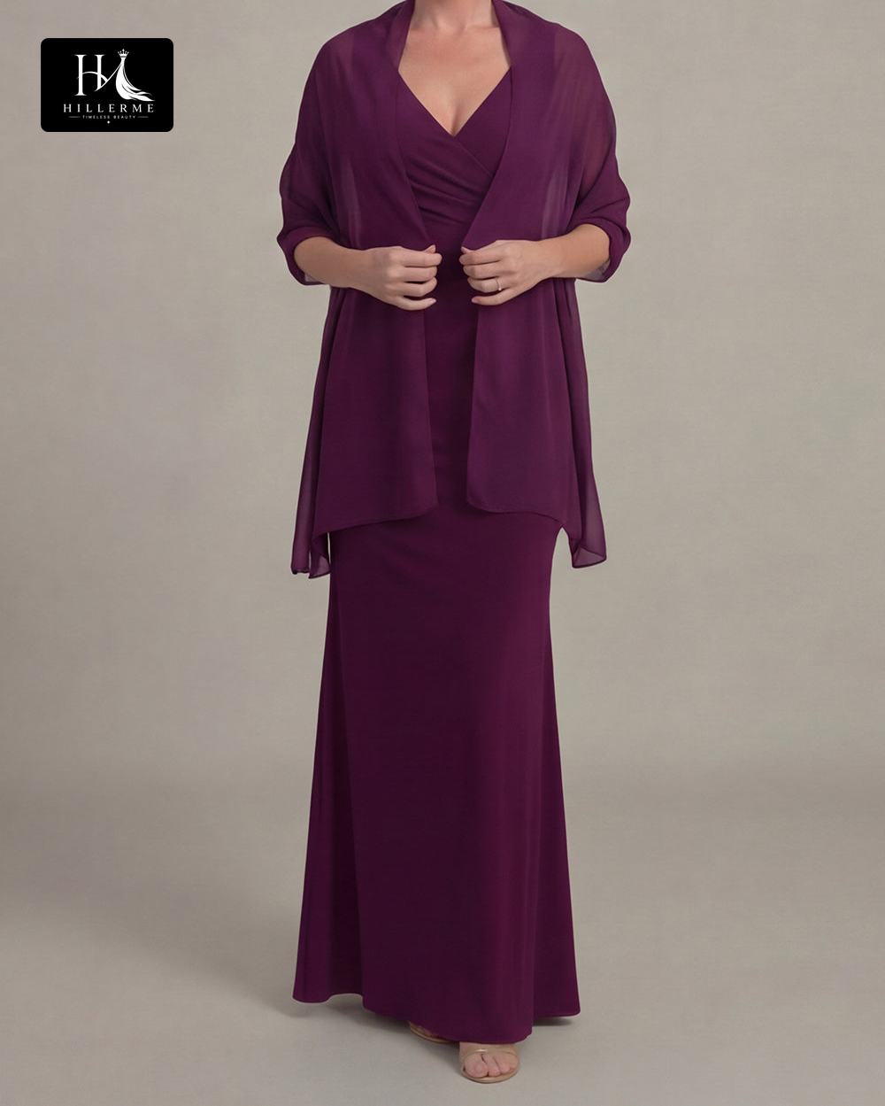 Fitted Floor-Length Chiffon Mother of the Bride Dress with V-Neck and Overlay