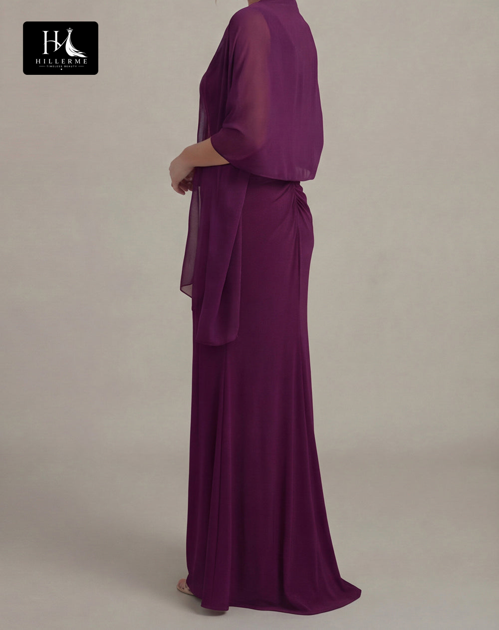 Fitted Floor-Length Chiffon Mother of the Bride Dress with V-Neck and Overlay
