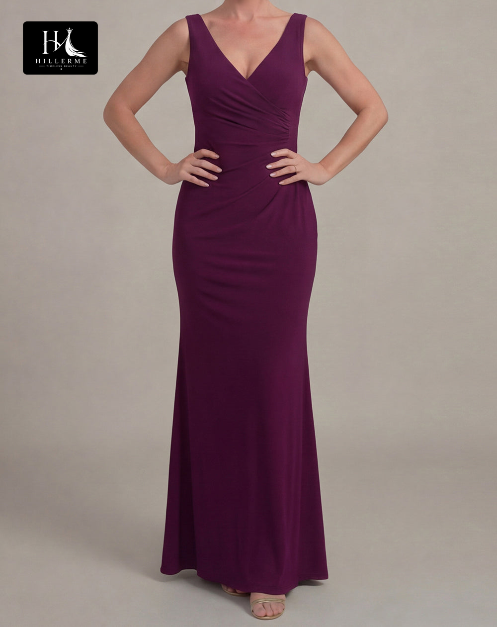 Fitted Floor-Length Chiffon Mother of the Bride Dress with V-Neck and Overlay