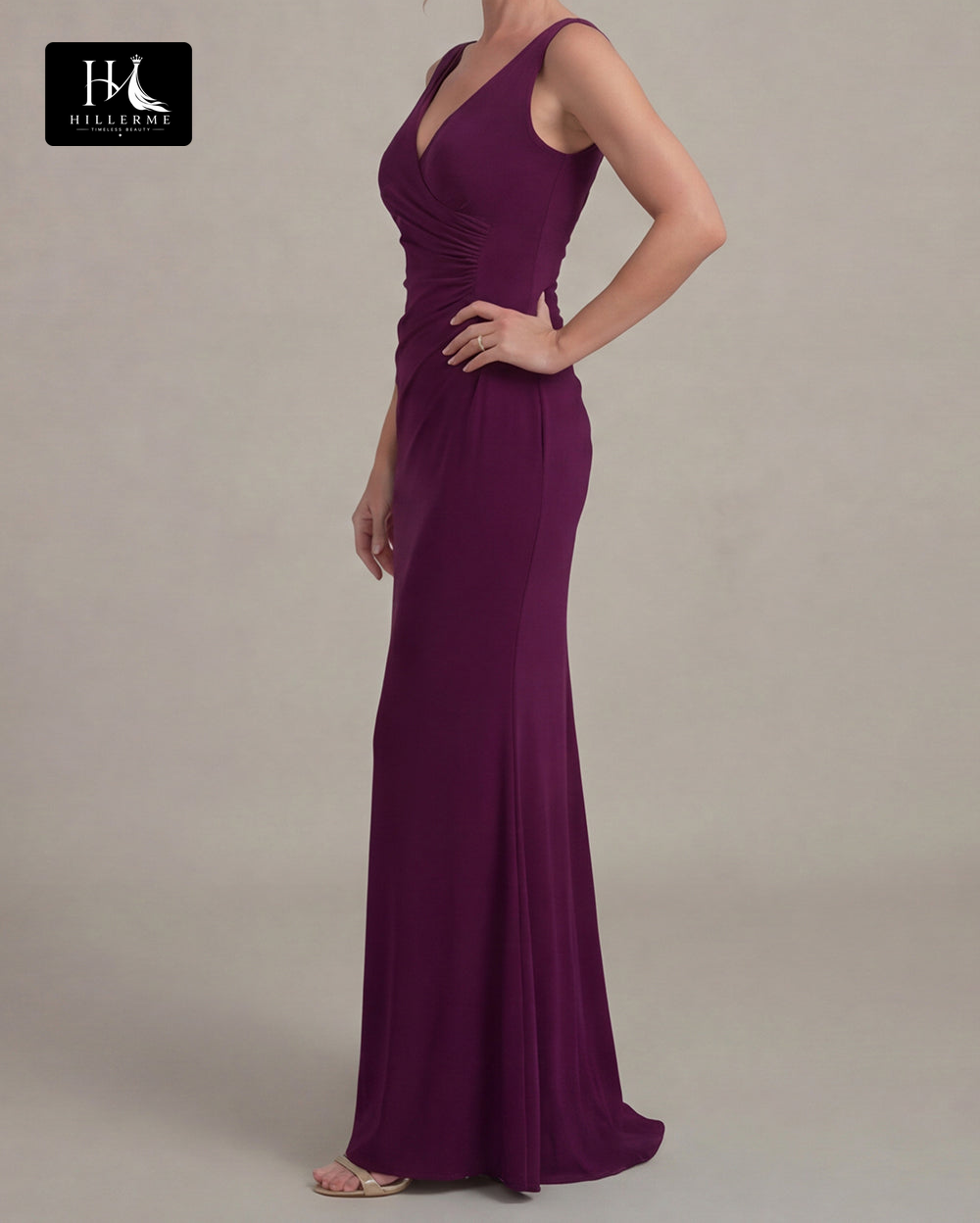Fitted Floor-Length Chiffon Mother of the Bride Dress with V-Neck and Overlay