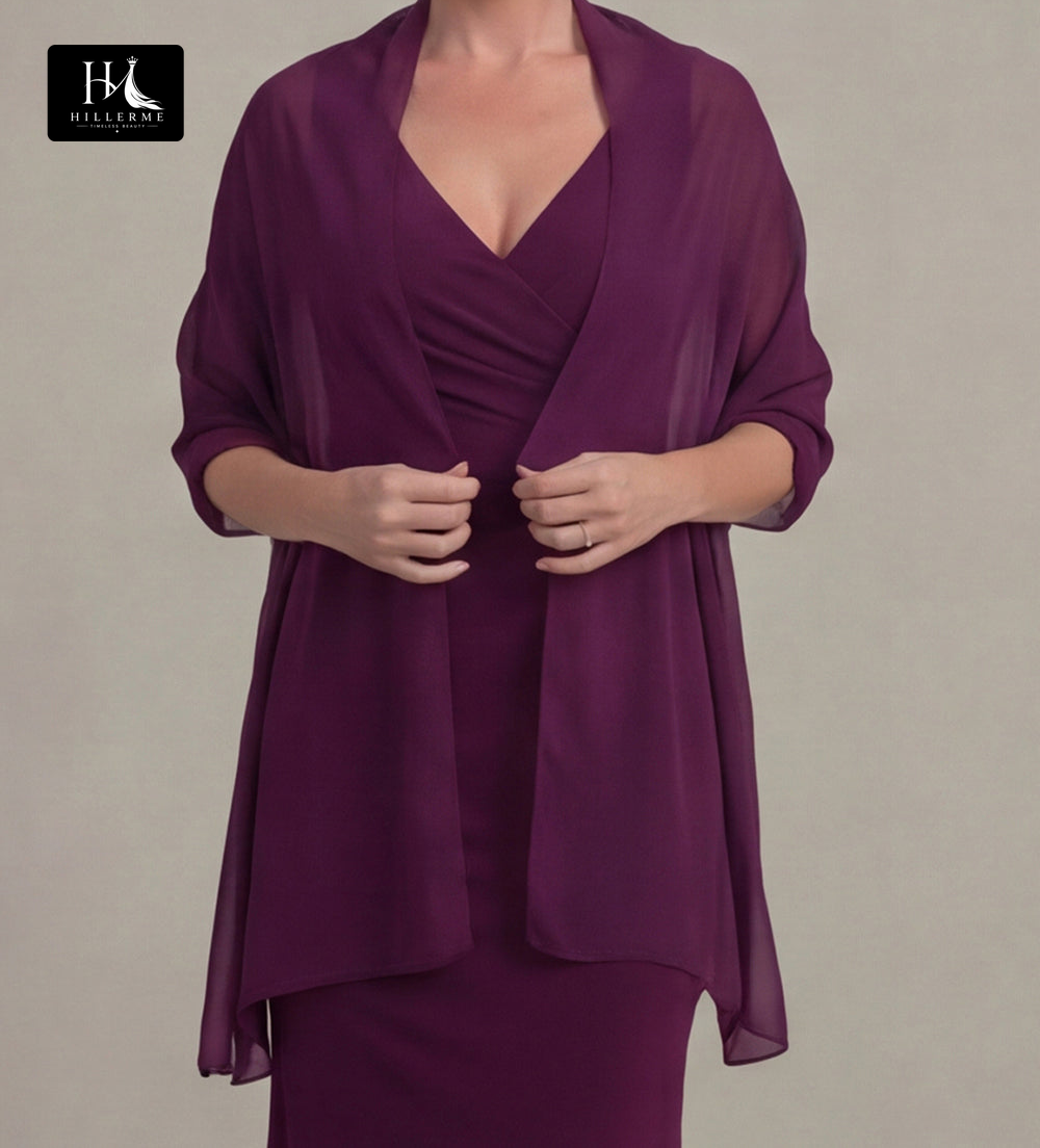 Fitted Floor-Length Chiffon Mother of the Bride Dress with V-Neck and Overlay