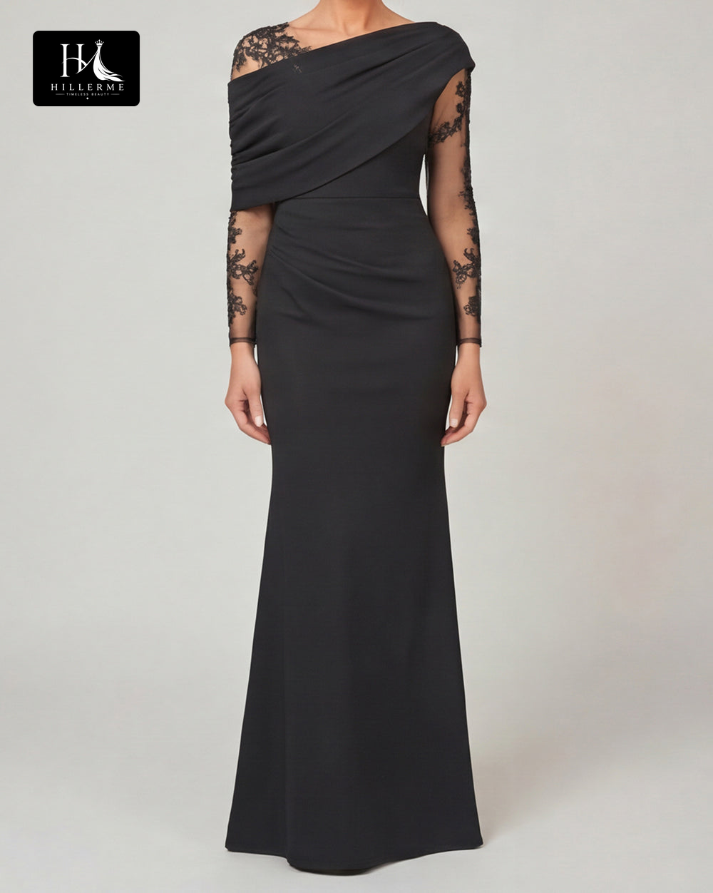 Mermaid Mother of the Bride Dress with Asymmetrical Neckline and Long-Sleeve Lace Appliqués