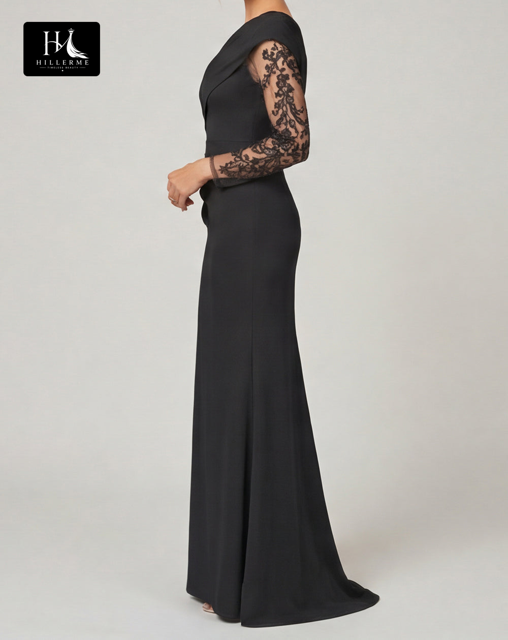 Mermaid Mother of the Bride Dress with Asymmetrical Neckline and Long-Sleeve Lace Appliqués