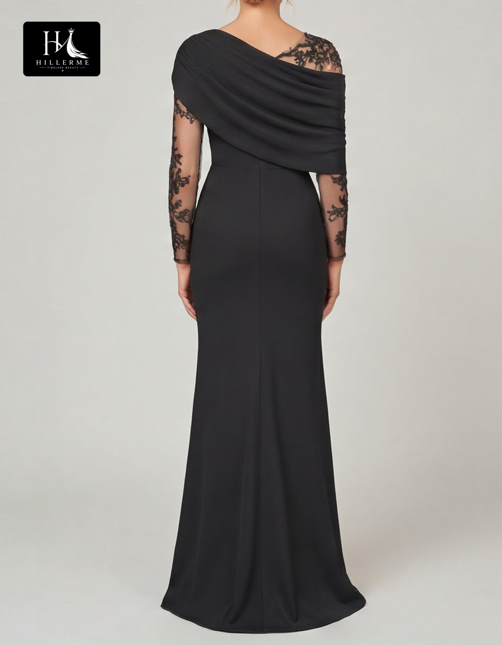 Mermaid Mother of the Bride Dress with Asymmetrical Neckline and Long-Sleeve Lace Appliqués