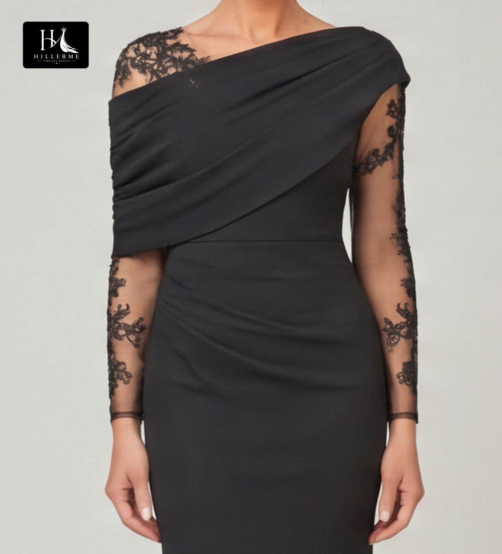 Mermaid Mother of the Bride Dress with Asymmetrical Neckline and Long-Sleeve Lace Appliqués