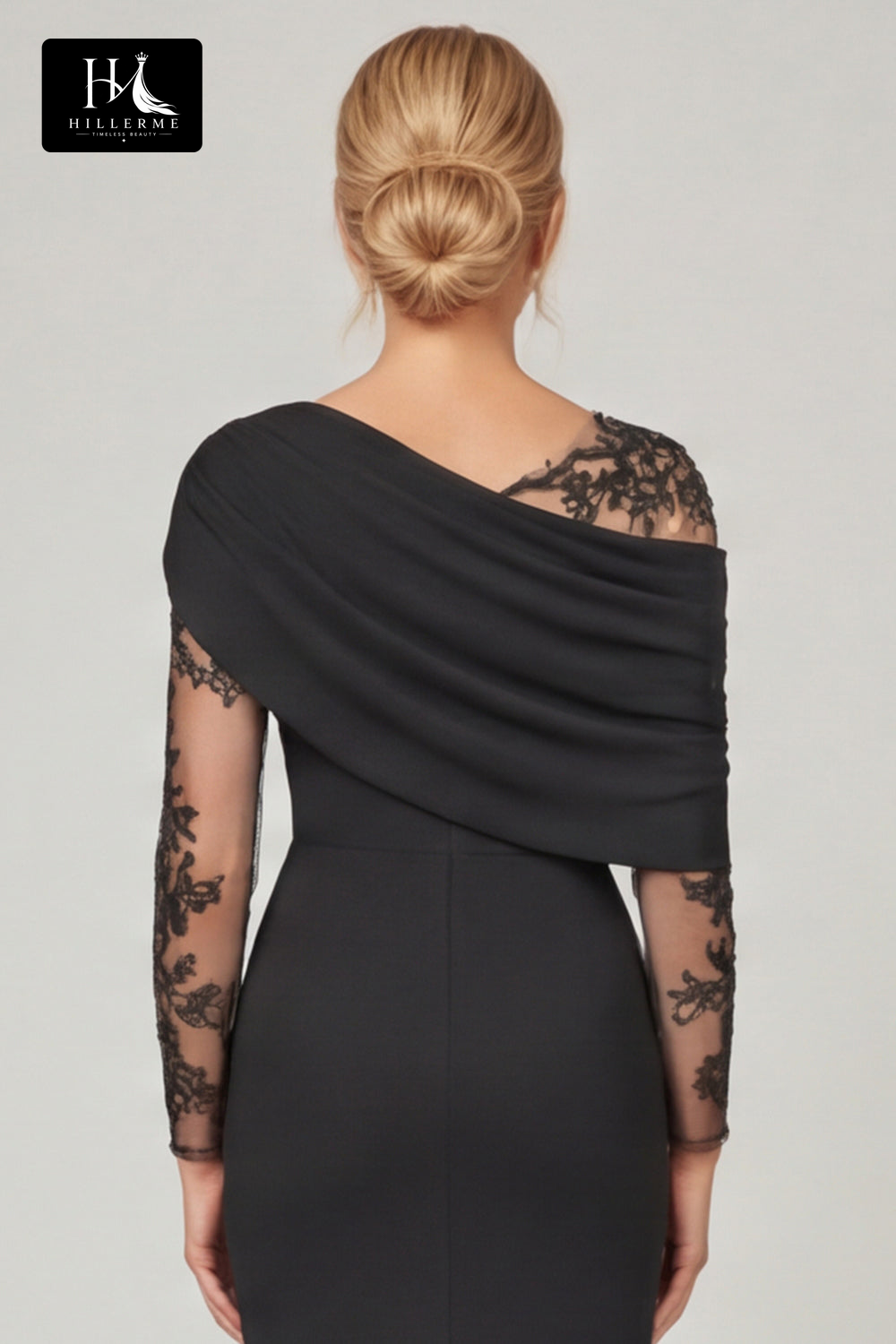 Mermaid Mother of the Bride Dress with Asymmetrical Neckline and Long-Sleeve Lace Appliqués