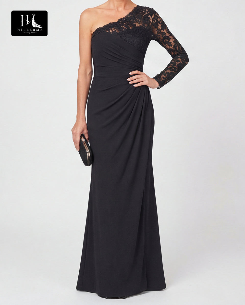Asymmetrical-Neck Long-Sleeve Lace Appliqué Satin Pleated Mermaid Mother of the Bride Dress