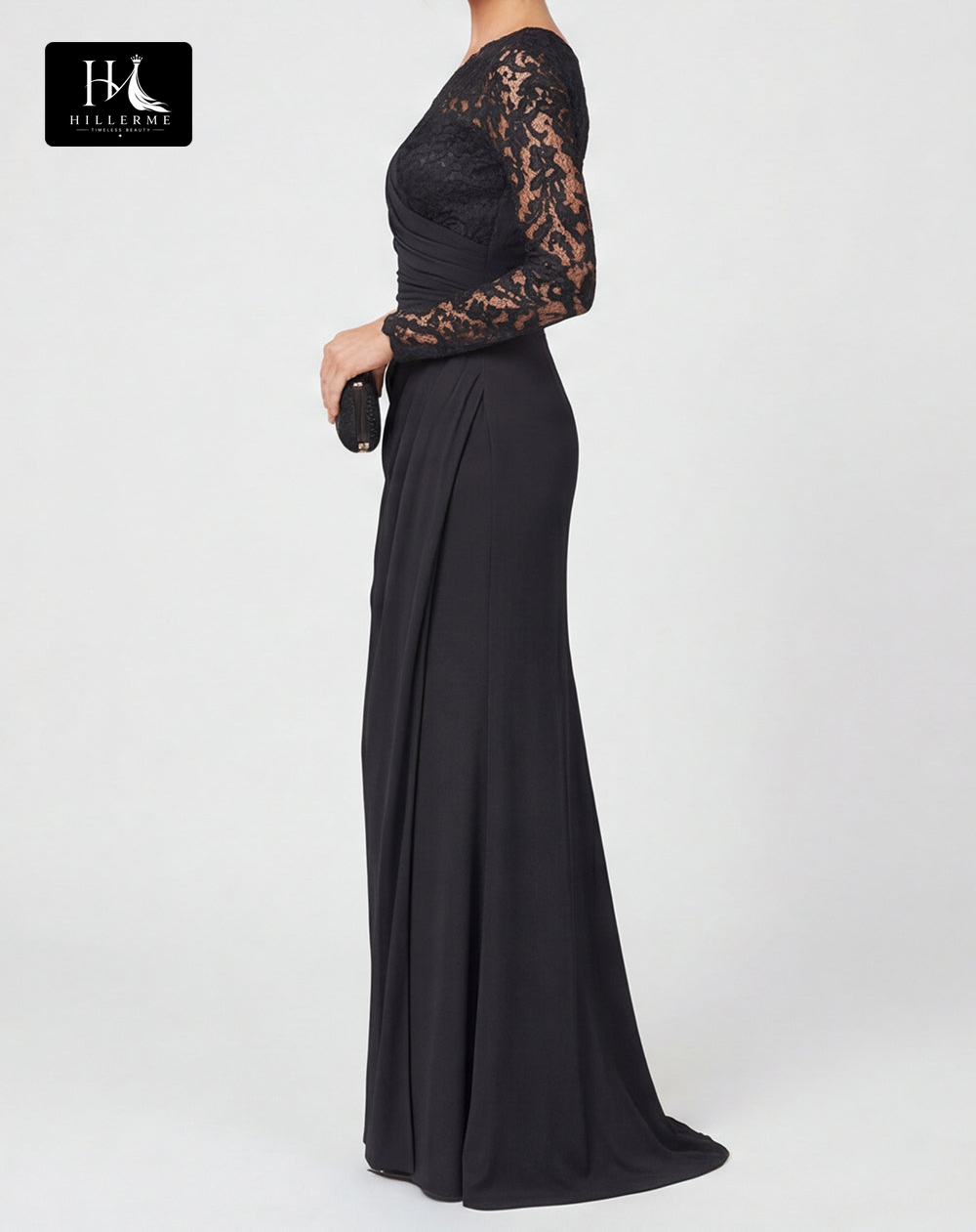 Asymmetrical-Neck Long-Sleeve Lace Appliqué Satin Pleated Mermaid Mother of the Bride Dress
