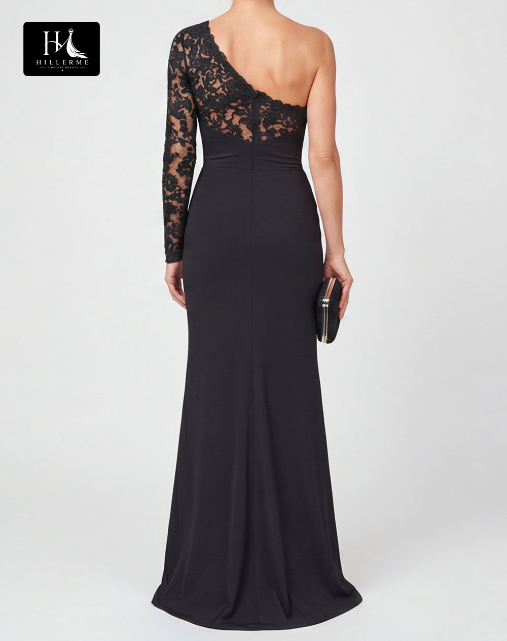 Asymmetrical-Neck Long-Sleeve Lace Appliqué Satin Pleated Mermaid Mother of the Bride Dress