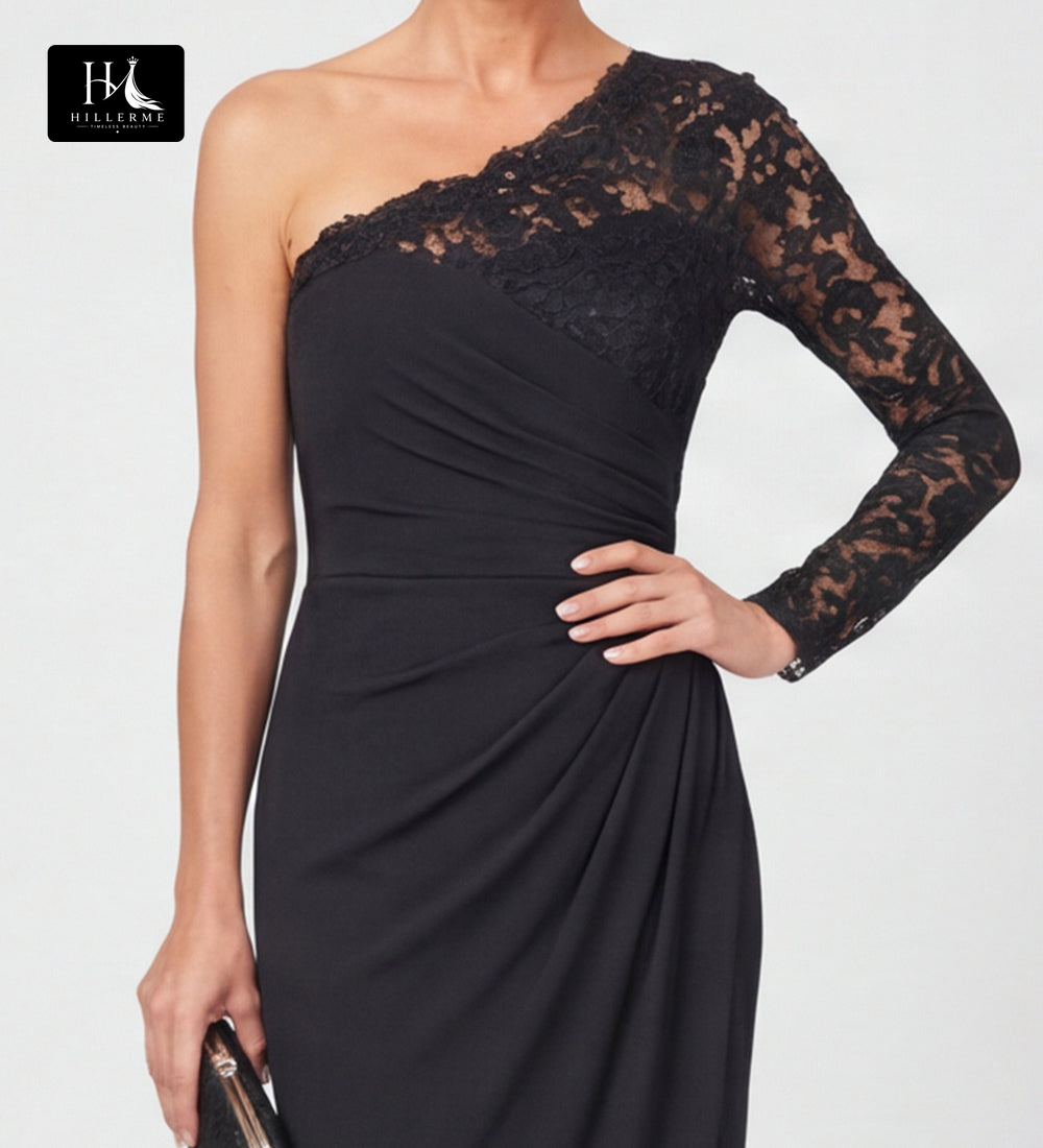 Asymmetrical-Neck Long-Sleeve Lace Appliqué Satin Pleated Mermaid Mother of the Bride Dress