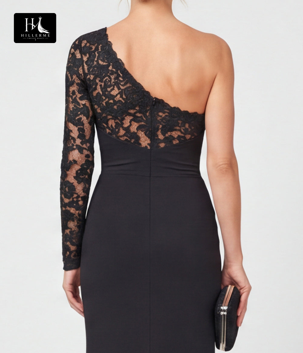 Asymmetrical-Neck Long-Sleeve Lace Appliqué Satin Pleated Mermaid Mother of the Bride Dress