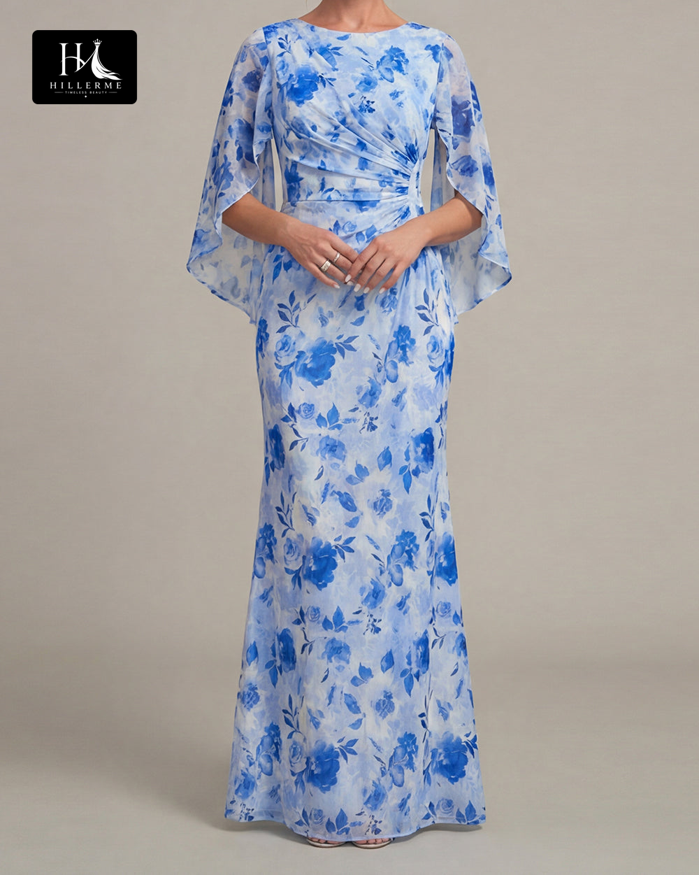 Scoop-Neck Half-Sleeve Print Tulle Pleated Floor-Length Mermaid Mother of the Bride Dress