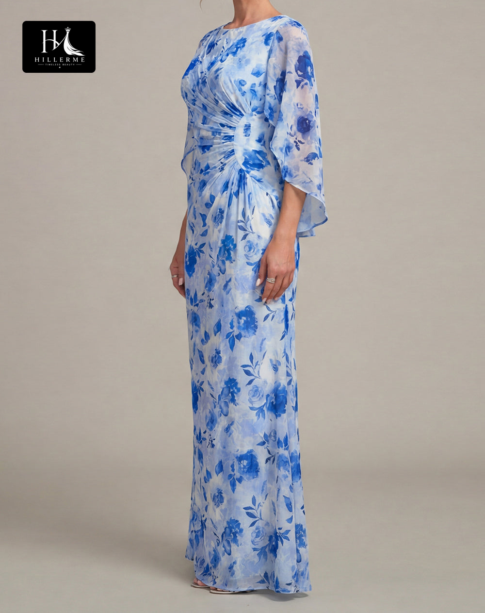 Scoop-Neck Half-Sleeve Print Tulle Pleated Floor-Length Mermaid Mother of the Bride Dress