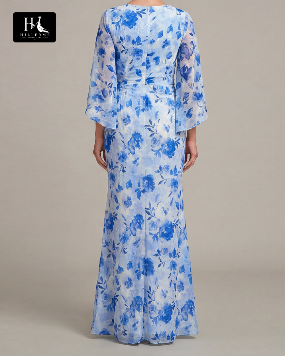 Scoop-Neck Half-Sleeve Print Tulle Pleated Floor-Length Mermaid Mother of the Bride Dress