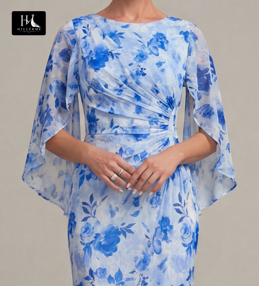 Scoop-Neck Half-Sleeve Print Tulle Pleated Floor-Length Mermaid Mother of the Bride Dress