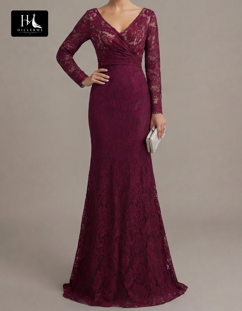 V-Neck Long-Sleeve Floor-Length Lace Sheer Pleated Mermaid Mother of the Bride Dress