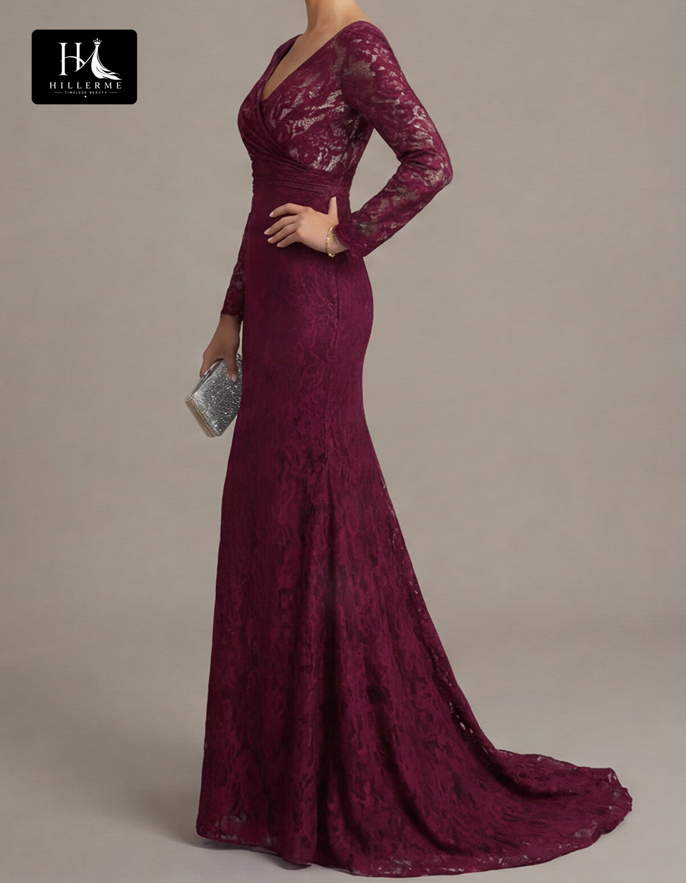 V-Neck Long-Sleeve Floor-Length Lace Sheer Pleated Mermaid Mother of the Bride Dress