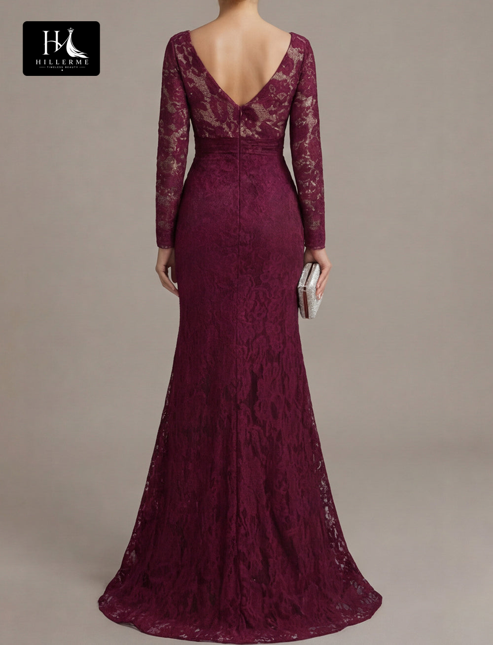 V-Neck Long-Sleeve Floor-Length Lace Sheer Pleated Mermaid Mother of the Bride Dress
