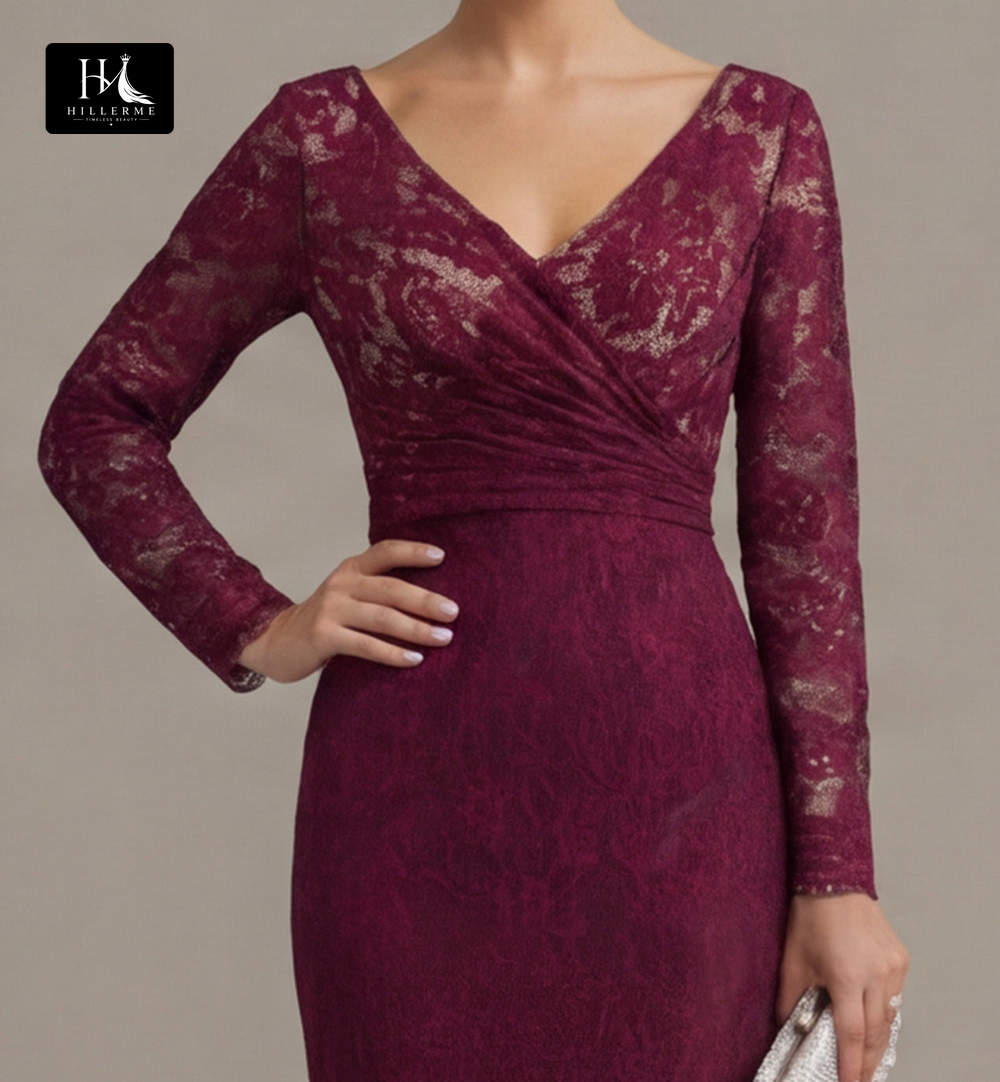 V-Neck Long-Sleeve Floor-Length Lace Sheer Pleated Mermaid Mother of the Bride Dress