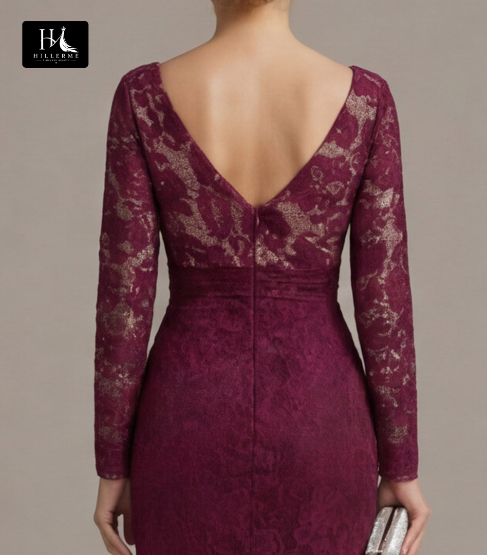 V-Neck Long-Sleeve Floor-Length Lace Sheer Pleated Mermaid Mother of the Bride Dress