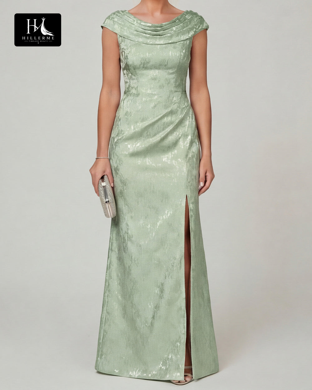 Floor-Length Mermaid Mother of the Bride Dress with Scoop Neckline and Side Slit in Jacquard Satin
