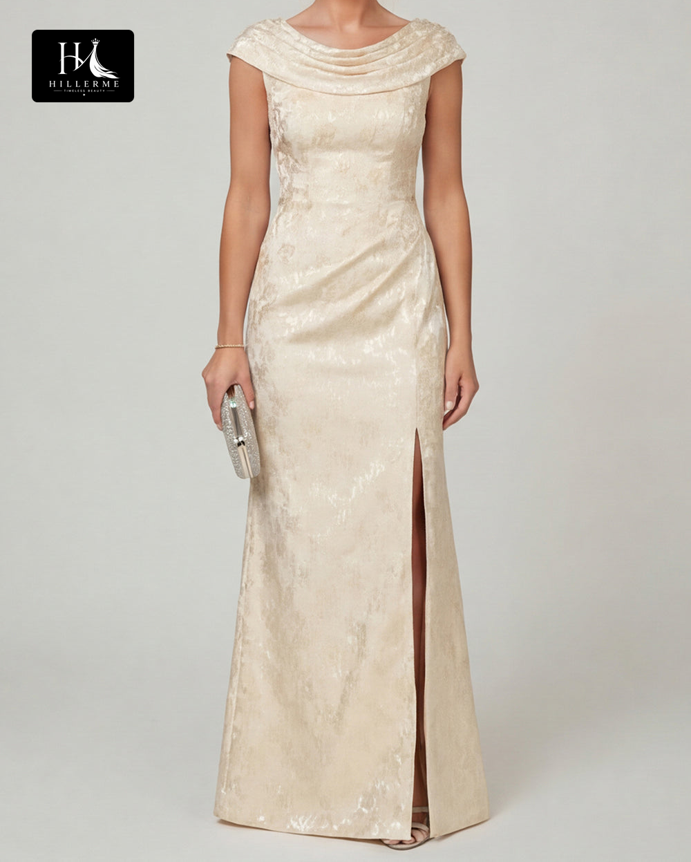 Floor-Length Mermaid Mother of the Bride Dress with Scoop Neckline and Side Slit in Jacquard Satin
