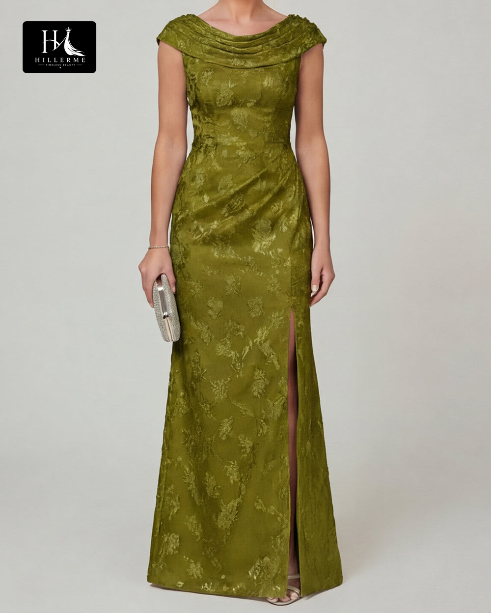 Floor-Length Mermaid Mother of the Bride Dress with Scoop Neckline and Side Slit in Jacquard Satin