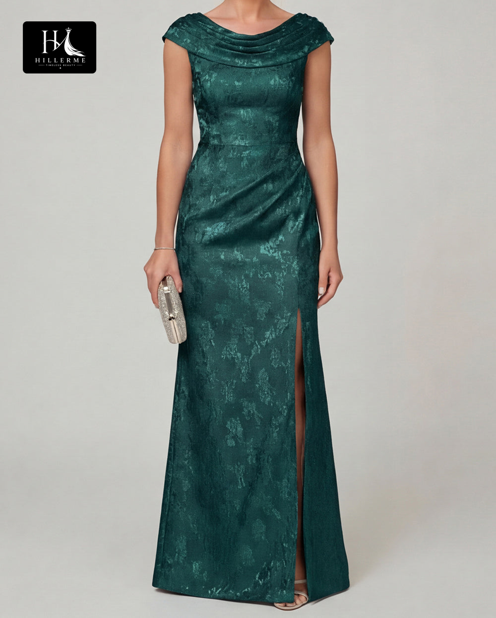 Floor-Length Mermaid Mother of the Bride Dress with Scoop Neckline and Side Slit in Jacquard Satin