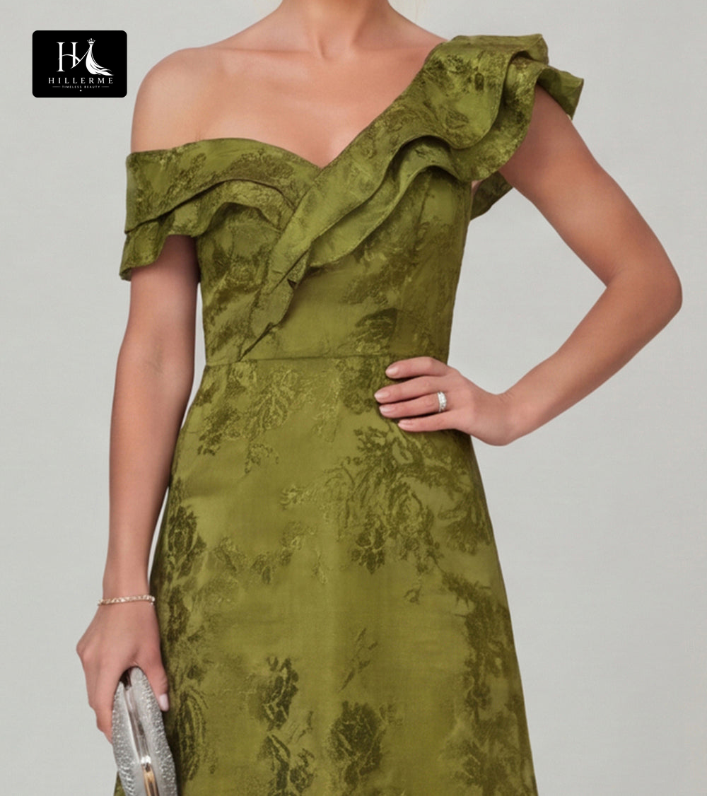 Sleeveless A-Line Mother of the Bride Dress with Asymmetrical Neckline and Jacquard Satin Fabric