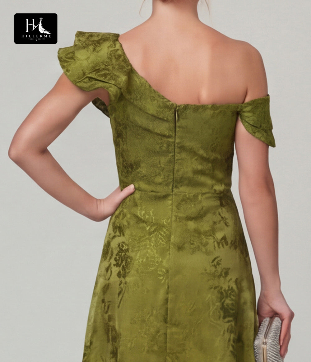 Sleeveless A-Line Mother of the Bride Dress with Asymmetrical Neckline and Jacquard Satin Fabric