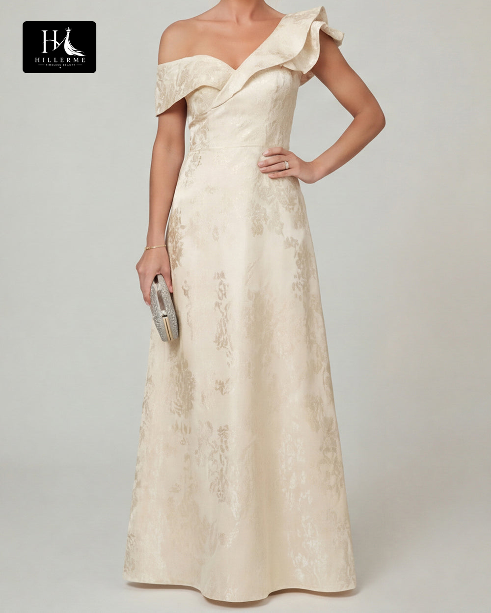 Sleeveless A-Line Mother of the Bride Dress with Asymmetrical Neckline and Jacquard Satin Fabric